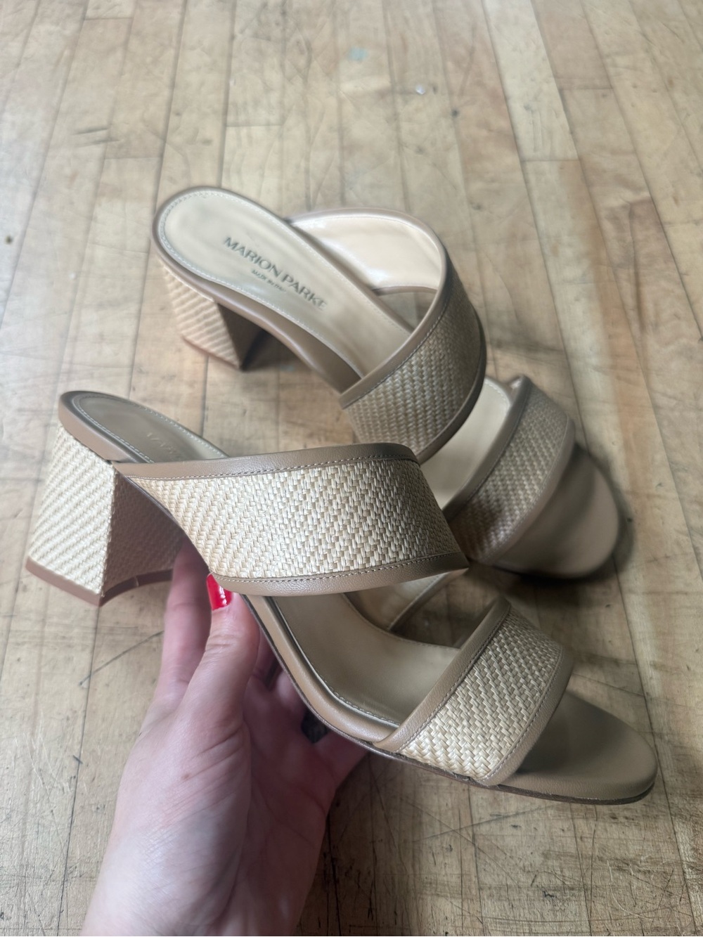 MARION PARKE Rattan Sandal Heels Double Strap Leather Quiet Luxury Coastal